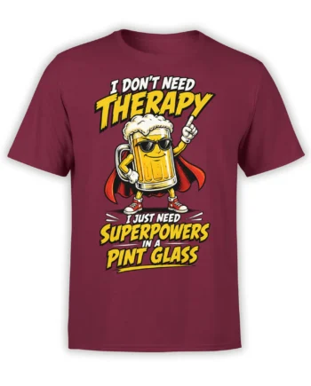Funny burgundy beer T-shirt with a caped pint glass character and bold yellow superhero humor lettering
