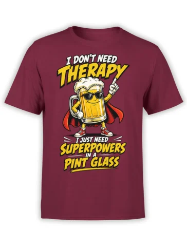 Funny burgundy beer T-shirt with a caped pint glass character and bold yellow superhero humor lettering
