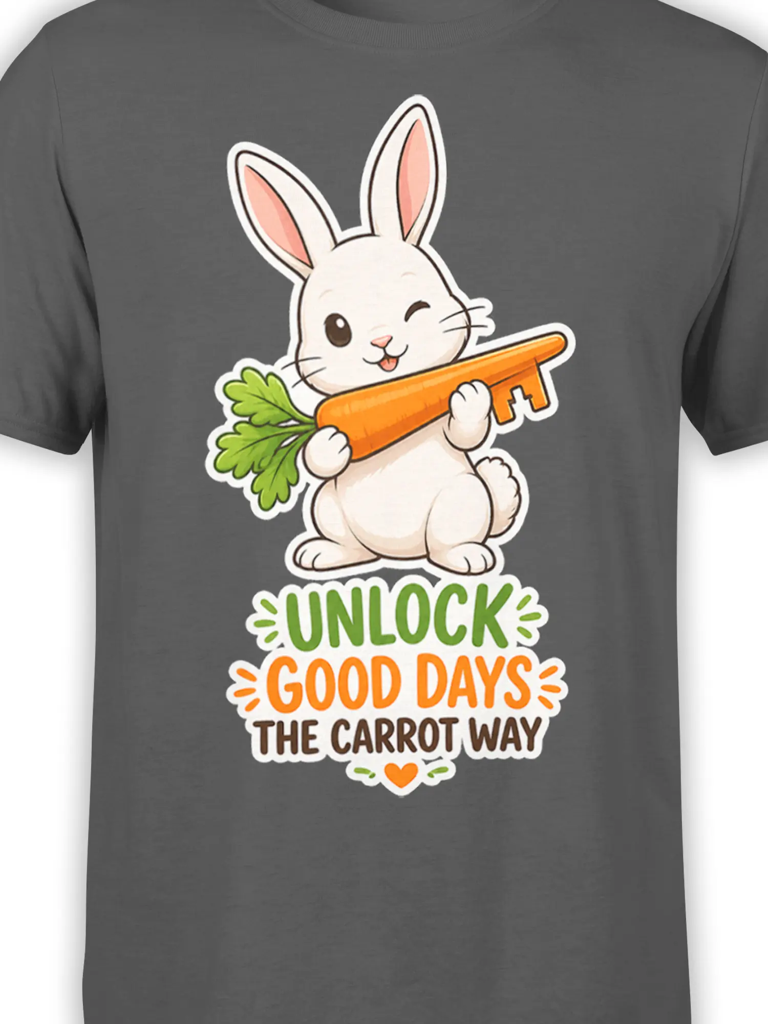 Close-up of a white winking rabbit holding an orange carrot on a gray graphic T-shirt