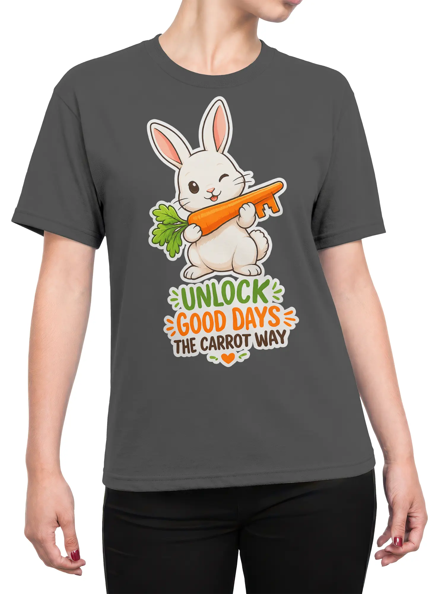 Female torso wearing a gray rabbit T-shirt with a carrot graphic and cheerful good days message