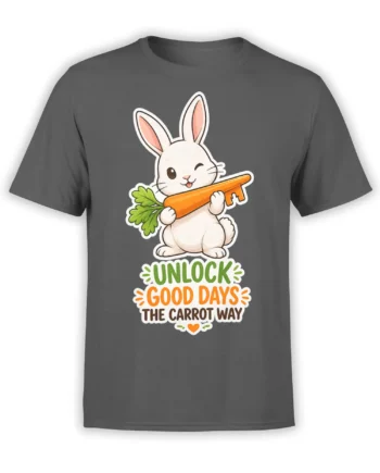 Gray T-shirt with a cheerful white rabbit holding a giant carrot and the message “Unlock Good Days the Carrot Way”