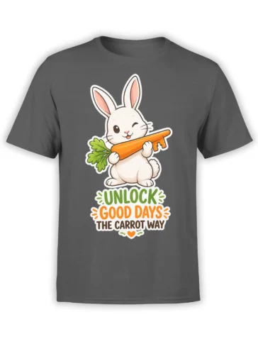 Gray T-shirt with a cheerful white rabbit holding a giant carrot and the message “Unlock Good Days the Carrot Way”
