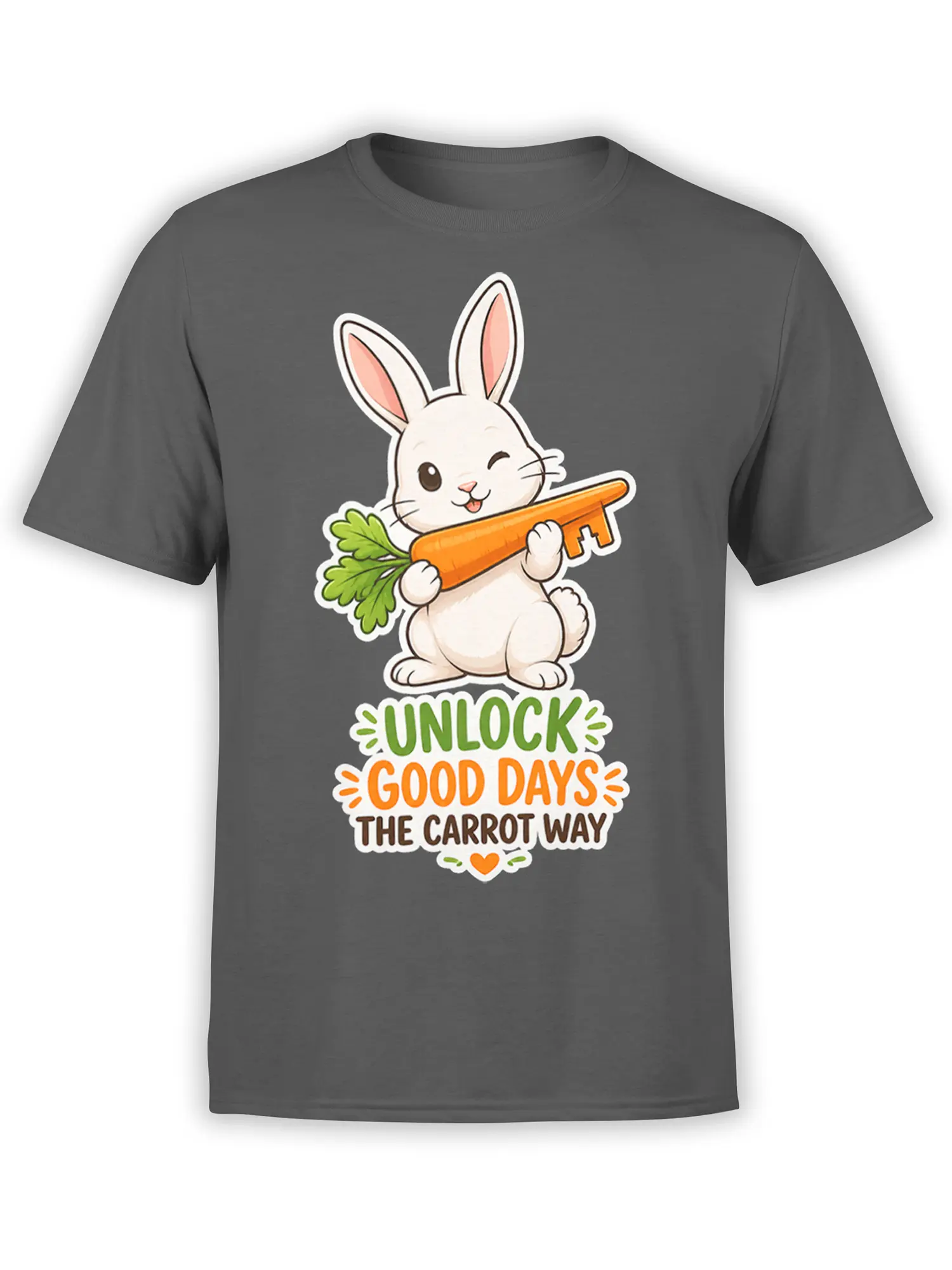 Gray T-shirt with a cheerful white rabbit holding a giant carrot and the message “Unlock Good Days the Carrot Way”