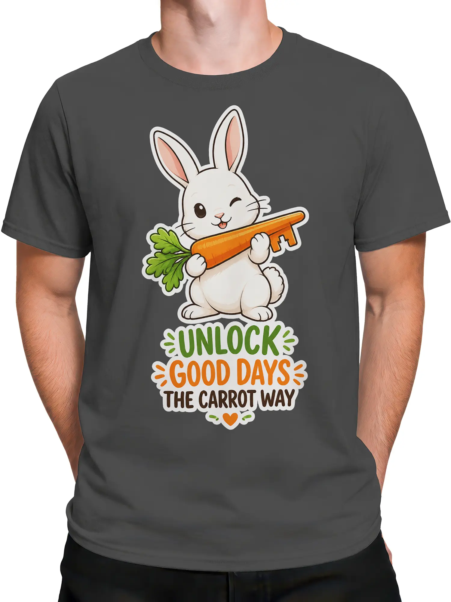 Male torso wearing a gray rabbit T-shirt with a giant carrot and positive message