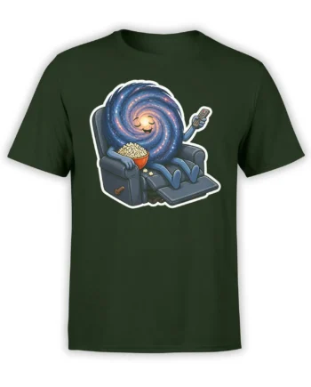 Dark green galaxy T-shirt with a smiling spiral galaxy, popcorn bowl, armchair, and remote control