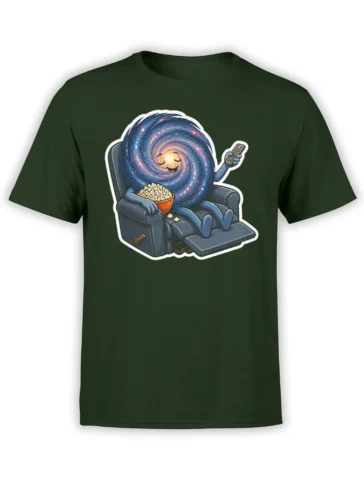 Dark green galaxy T-shirt with a smiling spiral galaxy, popcorn bowl, armchair, and remote control