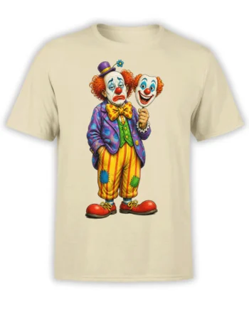 Colorful sad clown holding a smiling clown face on a beige graphic T-shirt