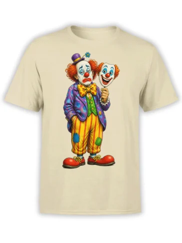 Colorful sad clown holding a smiling clown face on a beige graphic T-shirt