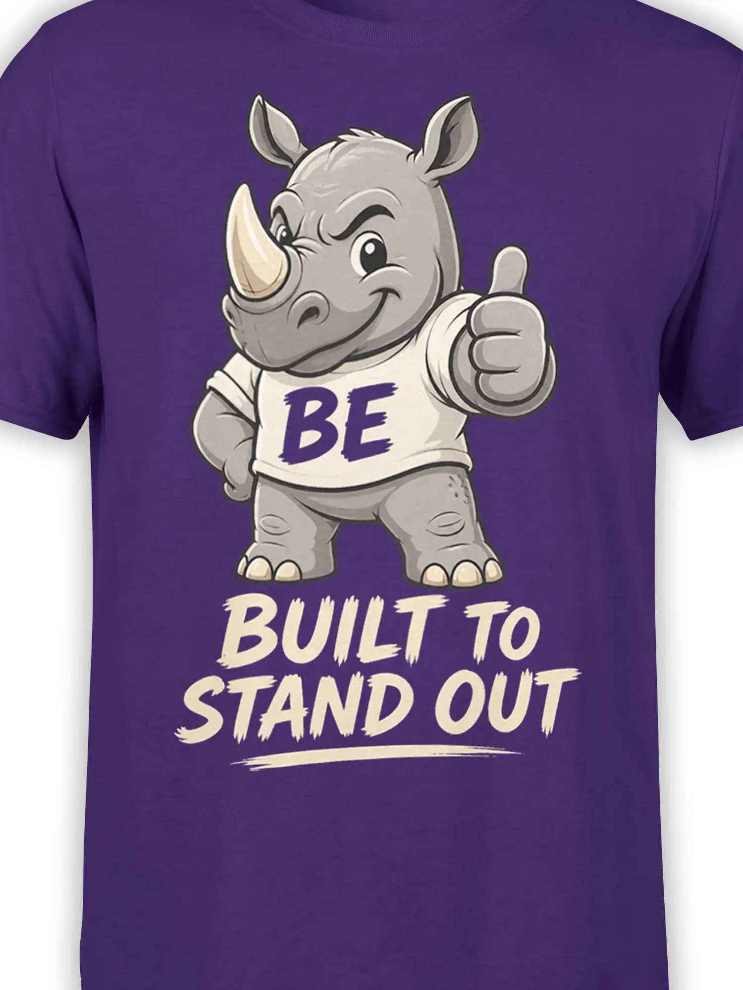 Close-up of the gray rhino graphic and “Be Built to Stand Out” lettering on a purple shirt