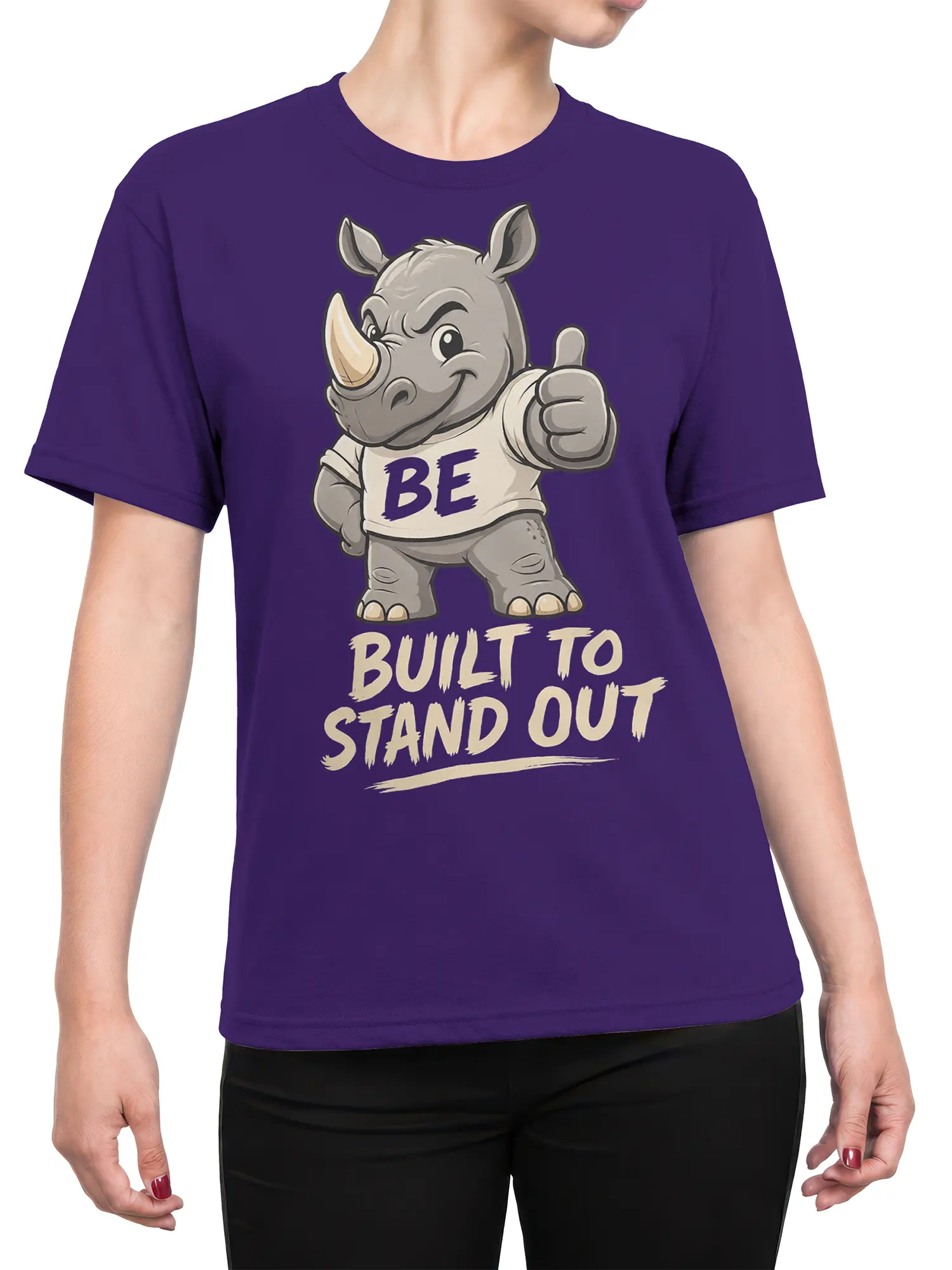 Female torso wearing a purple rhino T-shirt with bold “Be Built to Stand Out” artwork