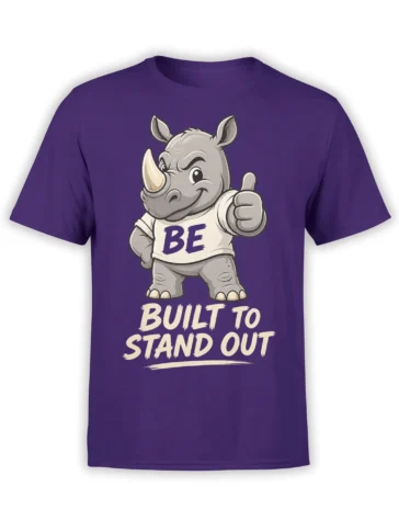 Purple T-shirt with a confident gray rhino giving a thumbs-up and bold “Be Built to Stand Out” lettering