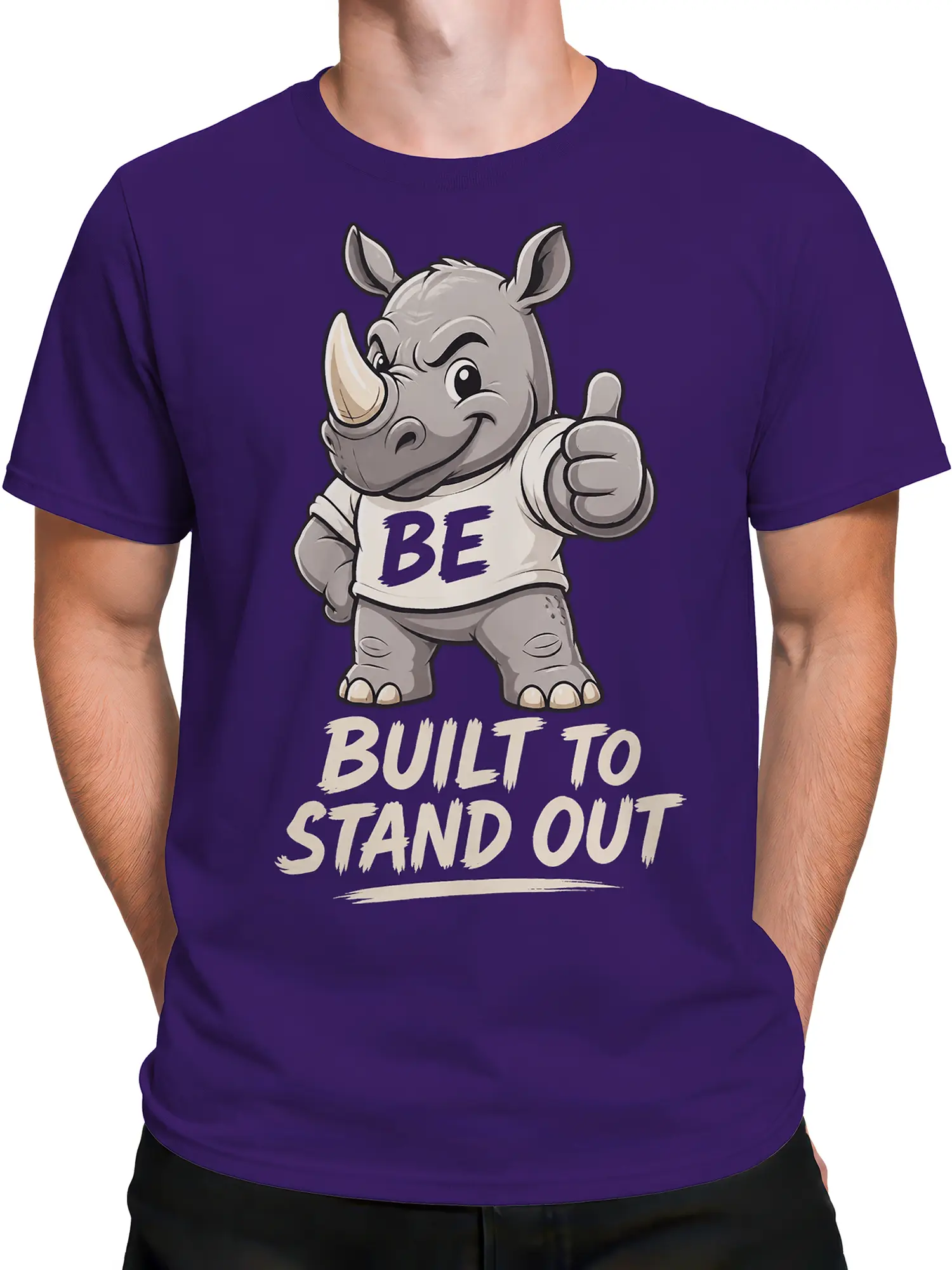 Male torso wearing a purple T-shirt with a thumbs-up rhino and bold motivational lettering