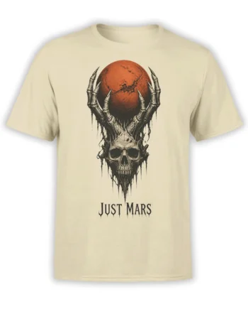 Beige basketball T-shirt with a gothic skull, skeletal hands, orange ball, and “JUST MARS” text