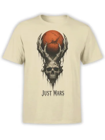 Beige basketball T-shirt with a gothic skull, skeletal hands, orange ball, and “JUST MARS” text