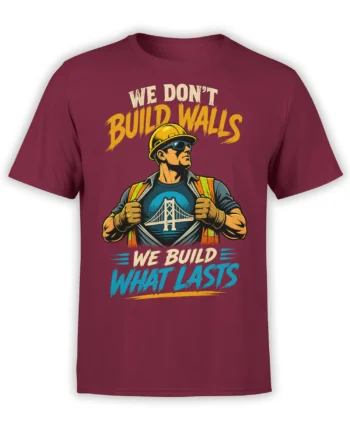 Construction worker in a hard hat reveals a suspension bridge on a burgundy graphic T-shirt