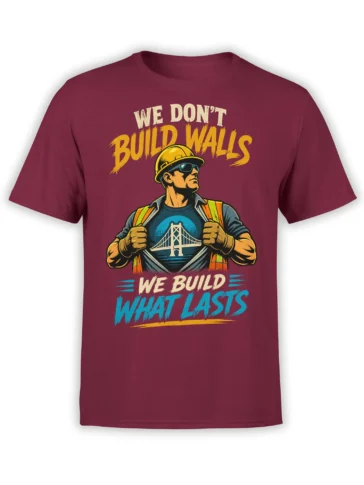 Construction worker in a hard hat reveals a suspension bridge on a burgundy graphic T-shirt