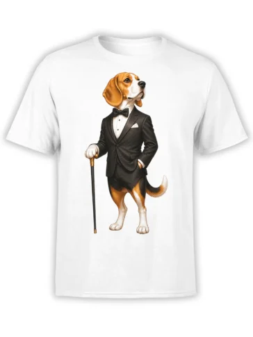 White T-shirt featuring a brown-and-white hound in a black tuxedo, bow tie, and holding a classic cane