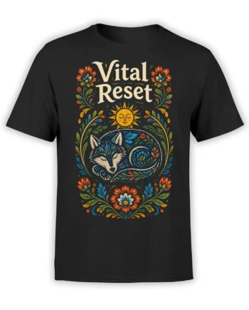 Black T-shirt with a sleeping fox, colorful flowers, peaceful sun, and “Vital Reset” lettering