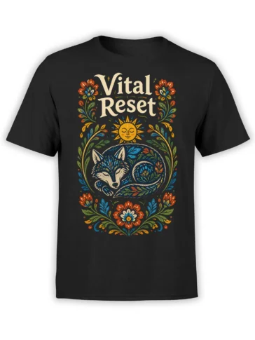 Black T-shirt with a sleeping fox, colorful flowers, peaceful sun, and “Vital Reset” lettering