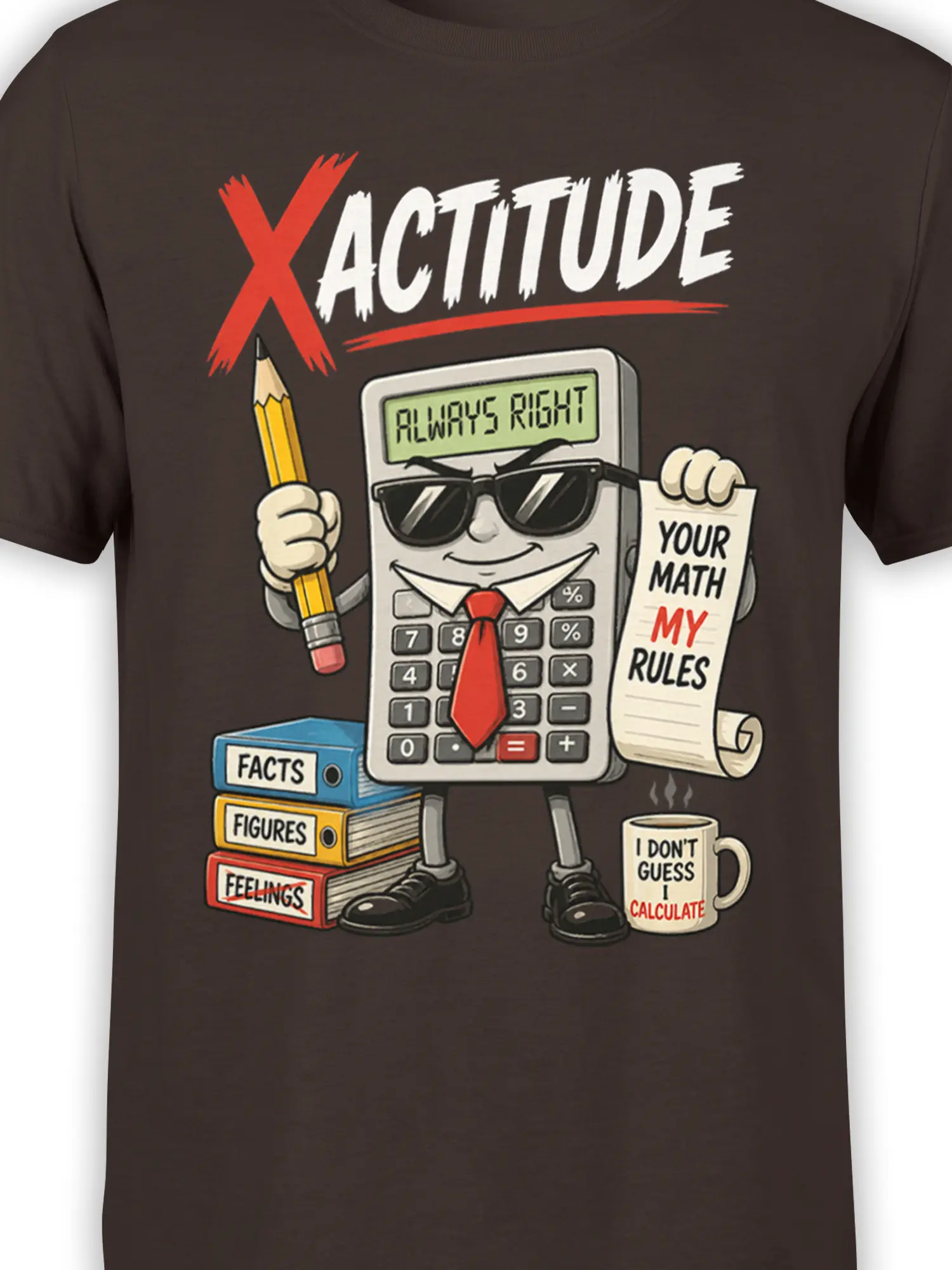 Close-up of calculator character in sunglasses with “Always Right” display and math attitude artwork on brown fabric