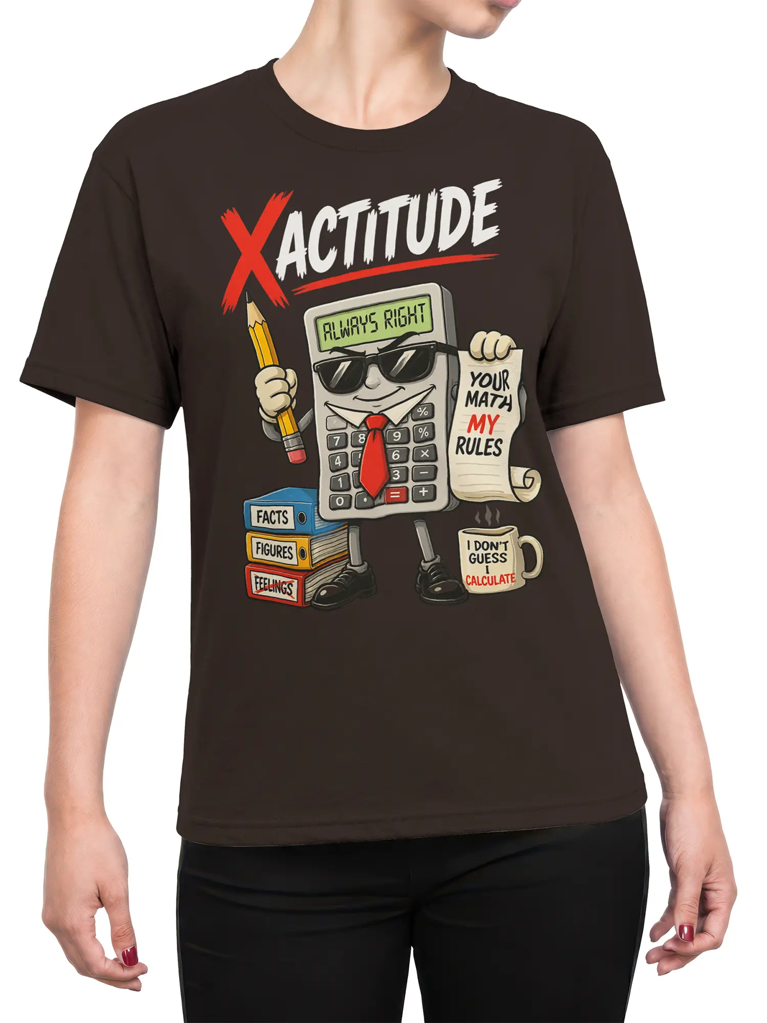 Female torso wearing brown math T-shirt with calculator character, red tie, pencil, books, and sarcastic math slogans