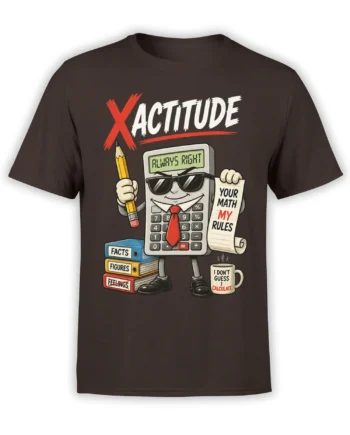 Brown math T-shirt with a sunglasses-wearing calculator, pencil, books, and bold “Your Math My Rules” artwork