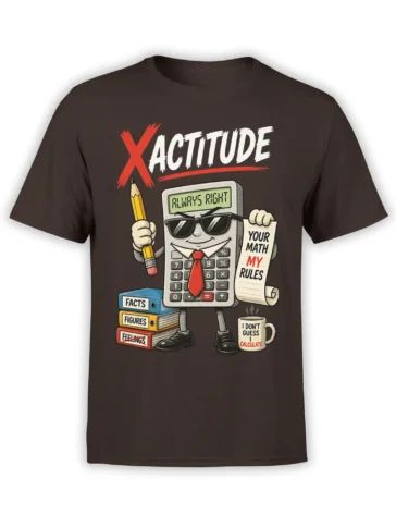 Brown math T-shirt with a sunglasses-wearing calculator, pencil, books, and bold “Your Math My Rules” artwork