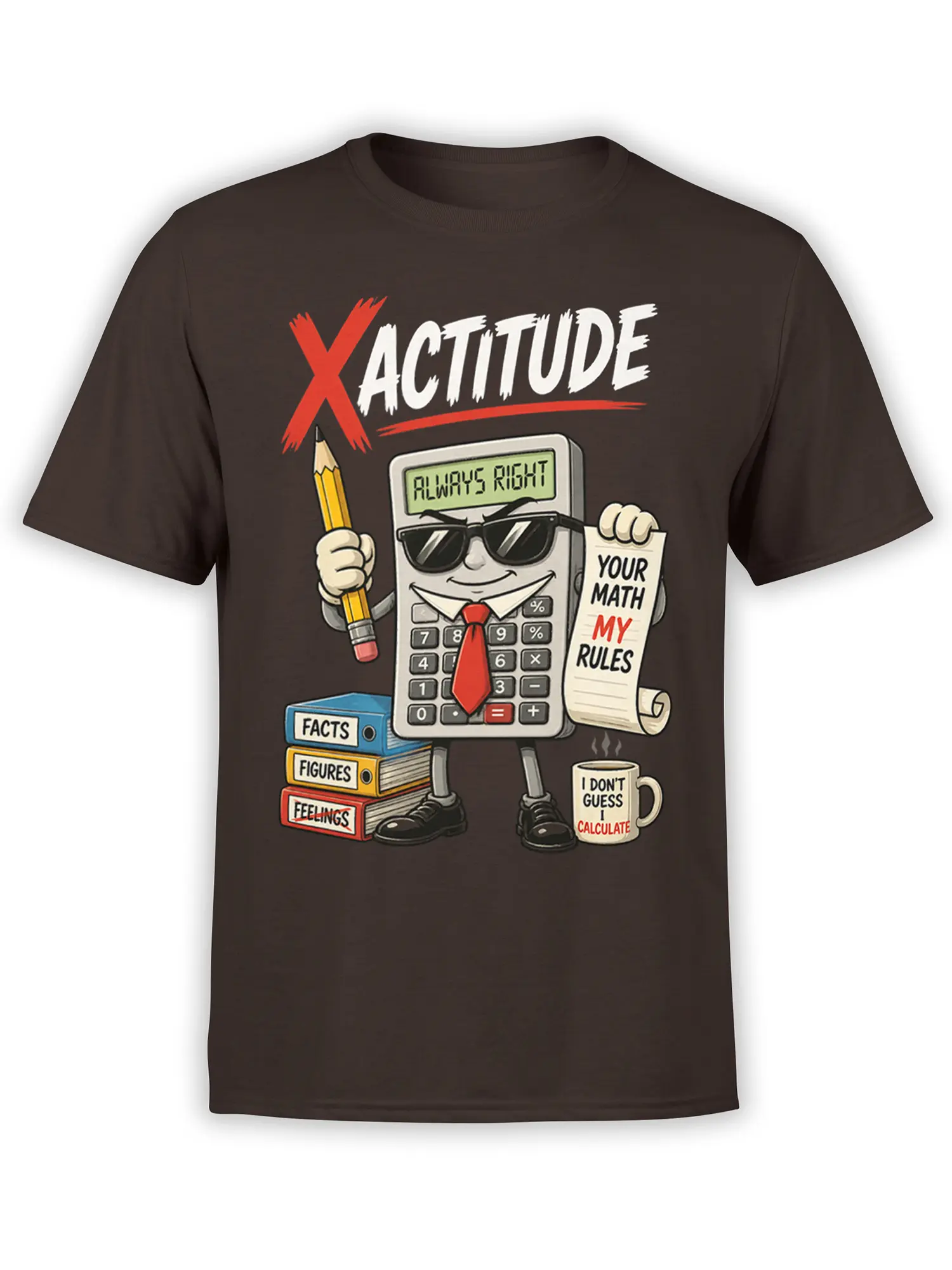 Brown math T-shirt with a sunglasses-wearing calculator, pencil, books, and bold “Your Math My Rules” artwork