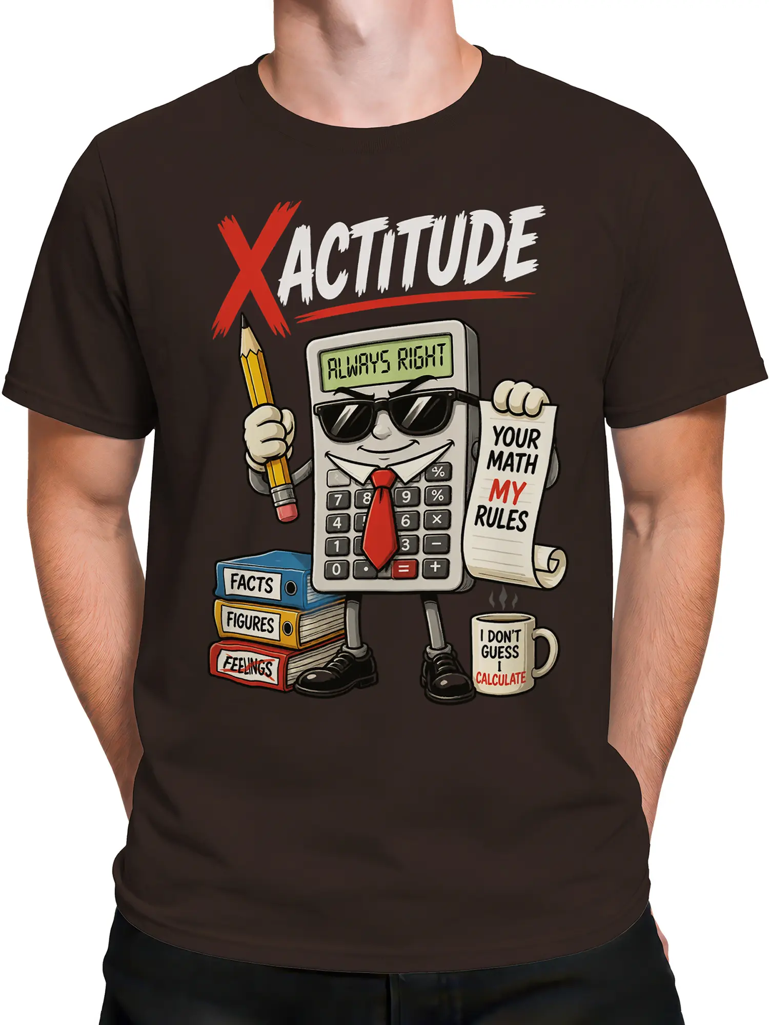 Male torso wearing brown math T-shirt with a calculator character, “Always Right” display, and red-and-white graphic details