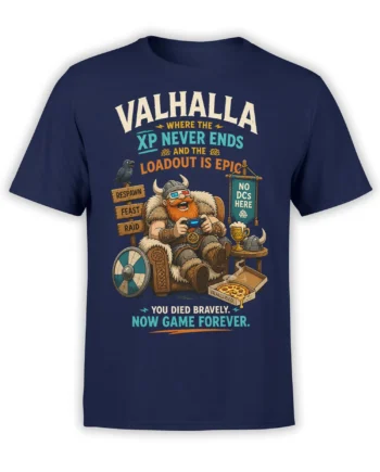 Funny Viking gamer T-shirt in navy with controller, pizza, raven, shield, and Valhalla gaming slogans