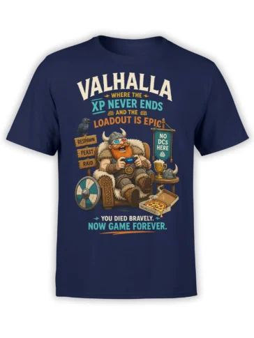 Funny Viking gamer T-shirt in navy with controller, pizza, raven, shield, and Valhalla gaming slogans