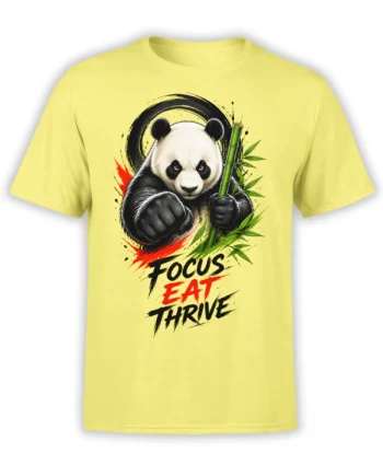 Yellow T-shirt featuring a fierce black-and-white panda holding bamboo with Focus Eat Thrive lettering