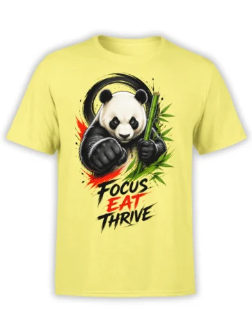 Yellow T-shirt featuring a fierce black-and-white panda holding bamboo with Focus Eat Thrive lettering