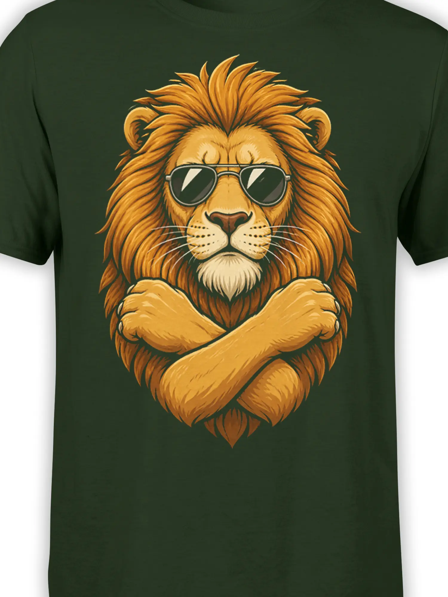 Close-up of a sunglasses-wearing lion with a golden mane and crossed arms on a green shirt