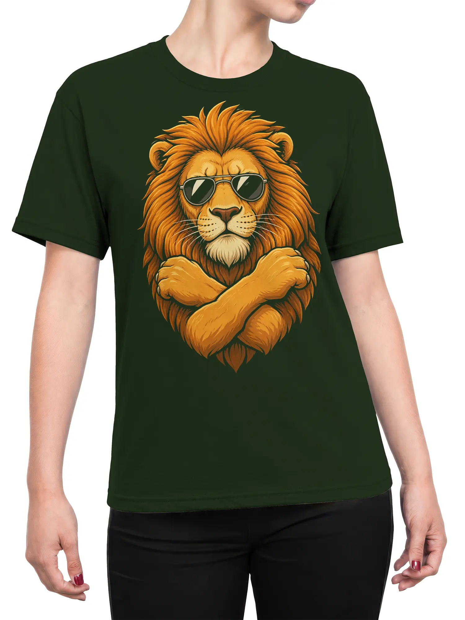 Female torso wearing a dark green T-shirt with a golden lion in sunglasses and crossed arms