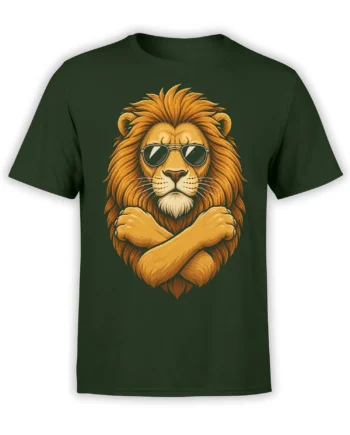 Golden-maned lion wearing sunglasses and crossing its arms on a dark green T-shirt
