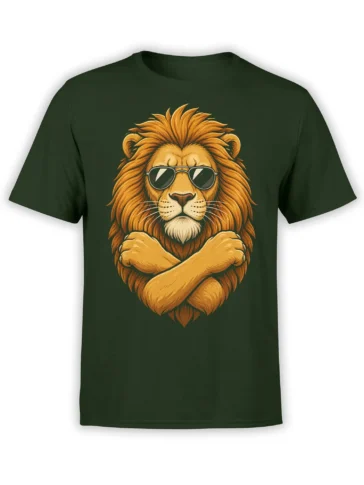 Golden-maned lion wearing sunglasses and crossing its arms on a dark green T-shirt