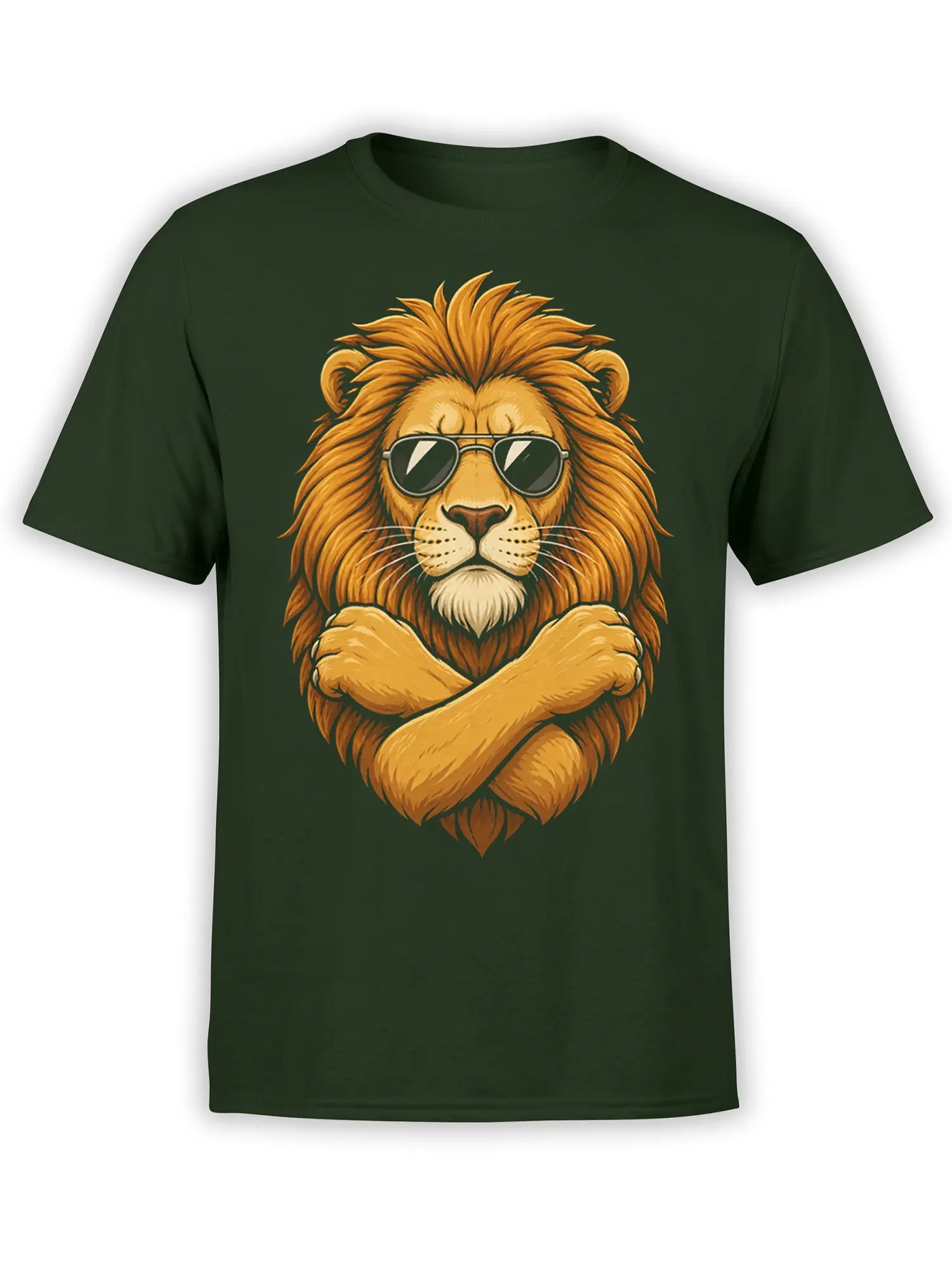 Golden-maned lion wearing sunglasses and crossing its arms on a dark green T-shirt