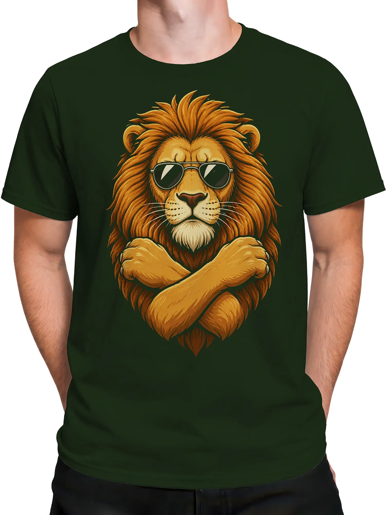 Male torso wearing a dark green T-shirt with a bold sunglasses lion graphic