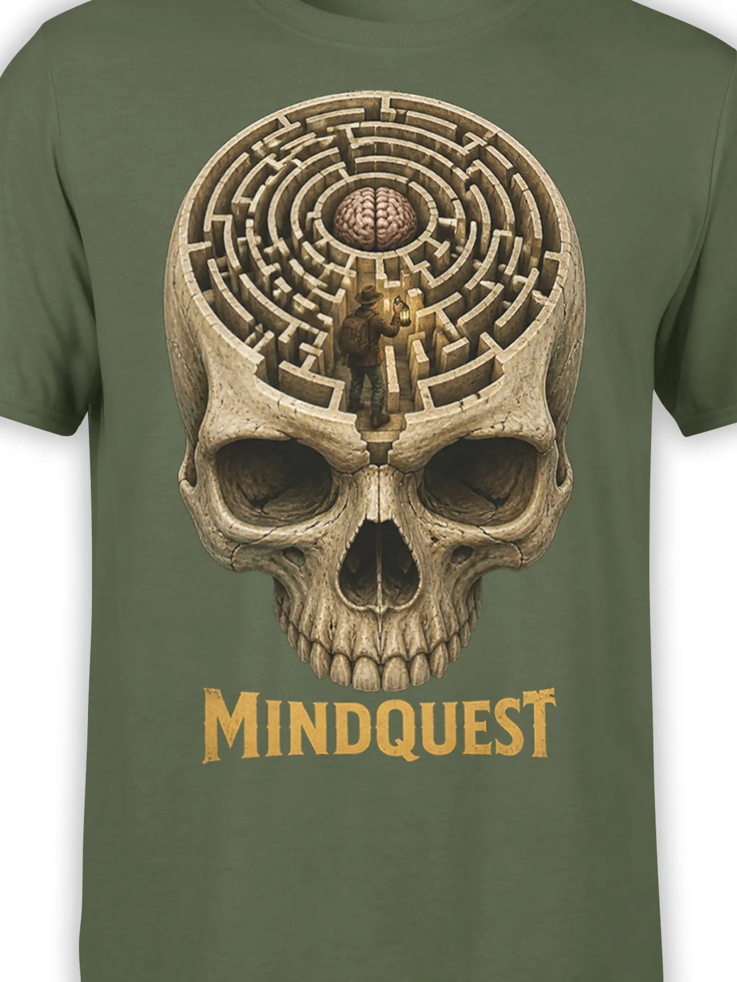 Close-up of the skull maze artwork and brain detail on an olive green graphic T-shirt
