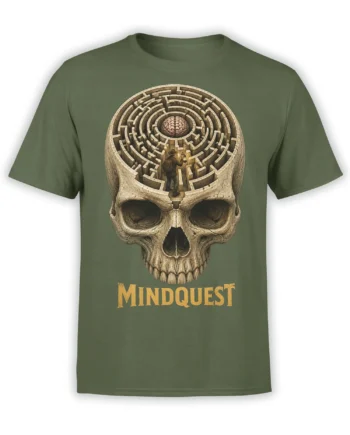 Olive green skull maze T-shirt with a central brain, tiny explorer, and vintage MINDQUEST lettering