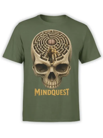 Olive green skull maze T-shirt with a central brain, tiny explorer, and vintage MINDQUEST lettering
