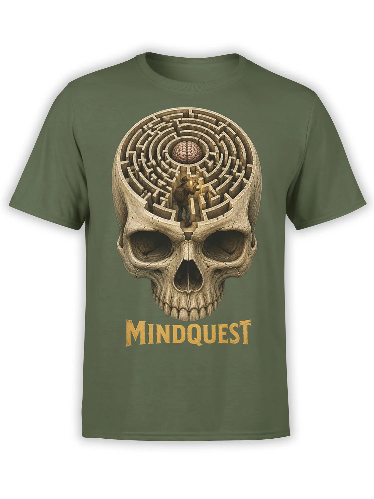 Olive green skull maze T-shirt with a central brain, tiny explorer, and vintage MINDQUEST lettering