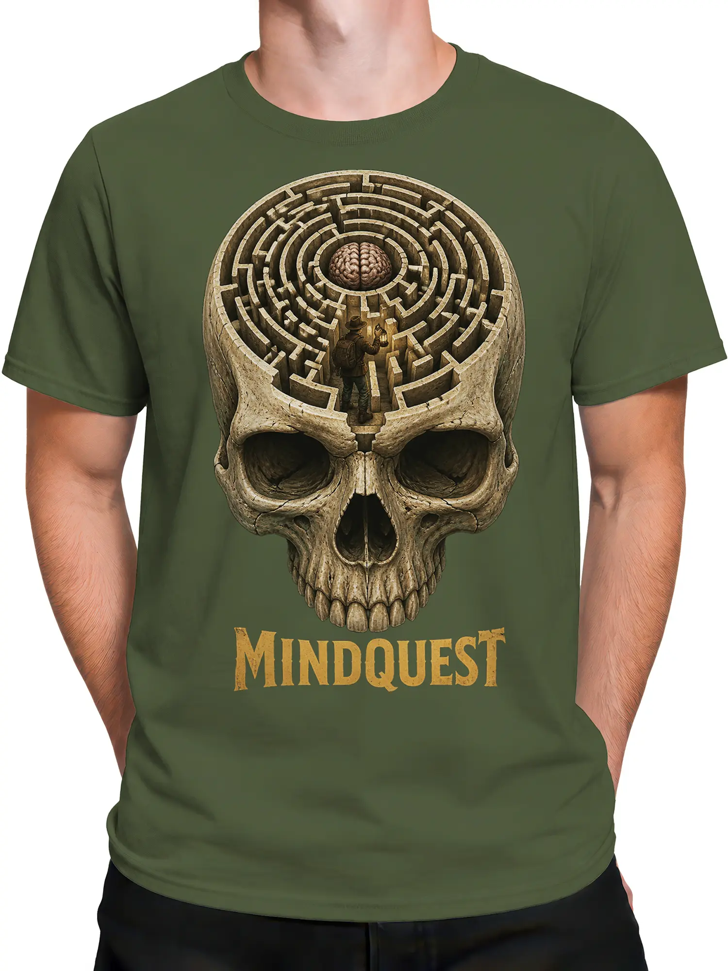 Male torso wearing an olive green skull maze T-shirt with a detailed brain graphic