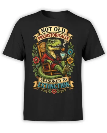 Black dinosaur T-shirt with a pipe-smoking prehistoric gentleman, red robe, tea cup, flowers, and extinction banners
