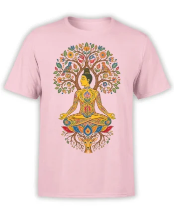 Pink T-shirt with a colorful meditating figure, floral tree, birds, lotus flowers, and deer design