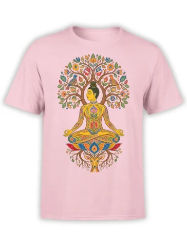 Pink T-shirt with a colorful meditating figure, floral tree, birds, lotus flowers, and deer design