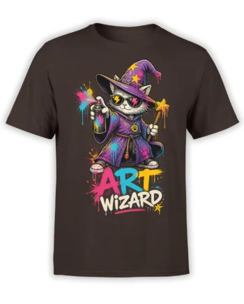 colorful cat wizard in a purple hat with spray paint and ART WIZARD text on a brown shirt