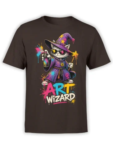 colorful cat wizard in a purple hat with spray paint and ART WIZARD text on a brown shirt
