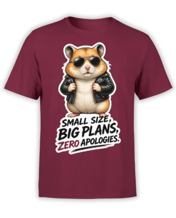 Orange cat in sunglasses and leather jacket graphic on a burgundy T-shirt with a bold slogan